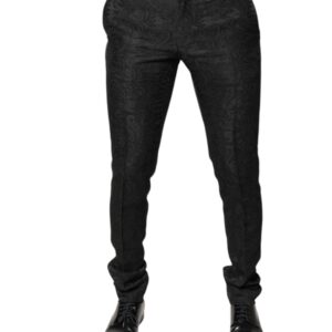 Black Floral Jacquard Mid Waist Dress Pants - Jag Couture London