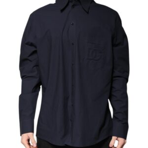 Dark Blue Cotton Long Sleeve Shirt - Jag Couture London