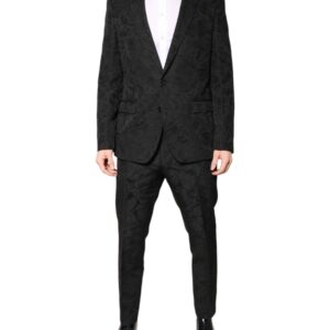 Black Polyester Floral Jacquard 2 Piece Suit