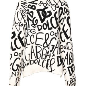 White Black Logo Print Women Pullover Sweater