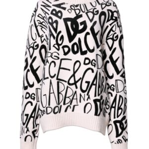 White Black Logo Print Women Pullover Sweater