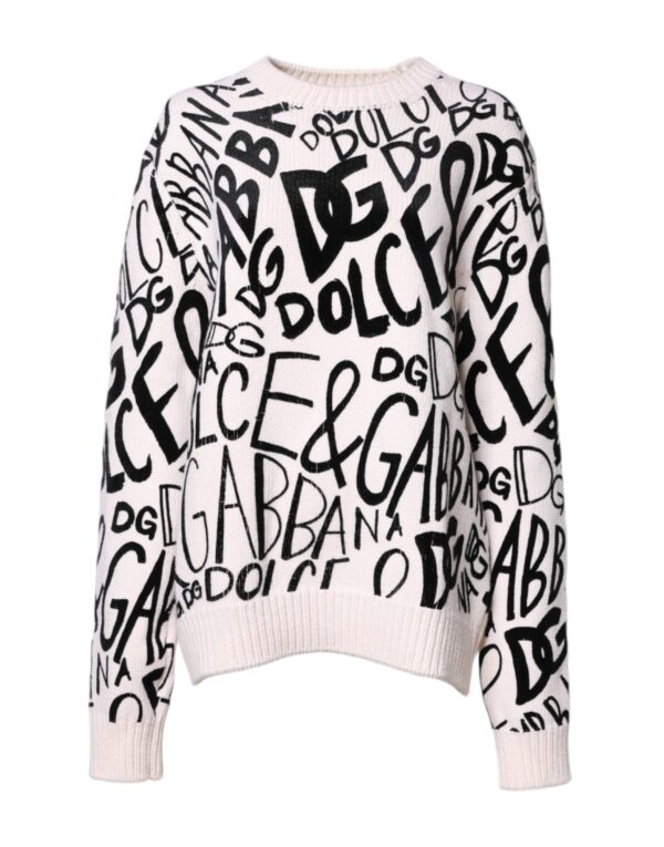 White Black Logo Print Women Pullover Sweater