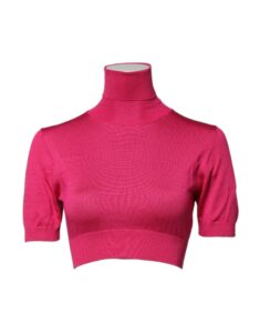 Pink Silk Knitted Turtleneck Cropped Top