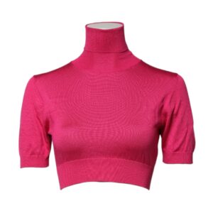Pink Silk Knitted Turtleneck Cropped Top | Jag Couture London – New York