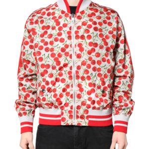 White Cherry Print Full Zip Bomber Jacket