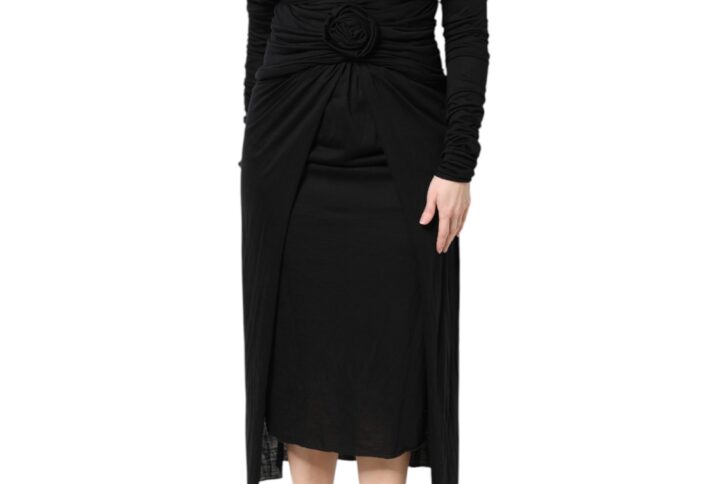 Black Wool Long Sleeves Sheath Midi Dress
