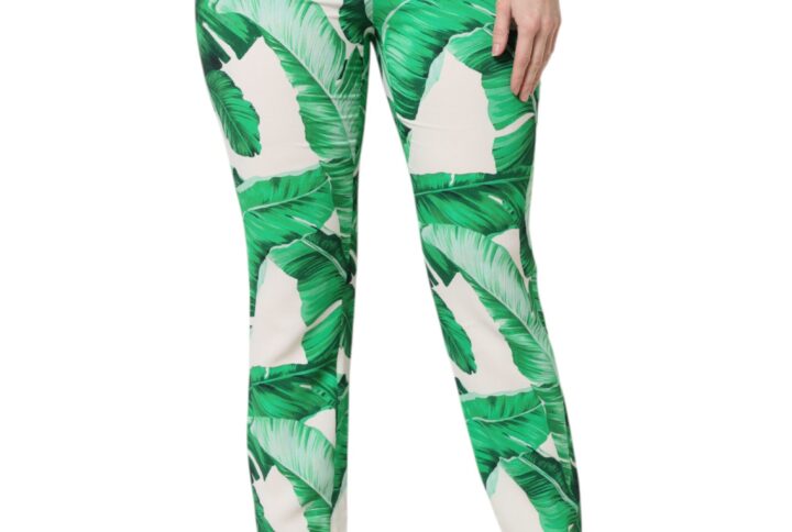 White Green Leaf High Waist Pants