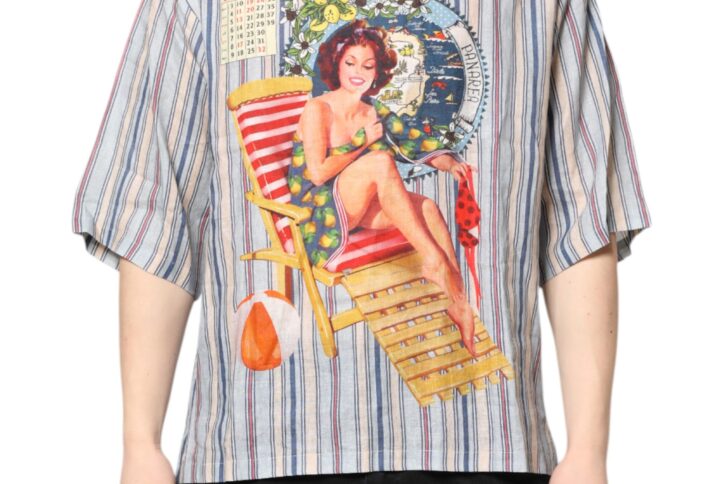Multicolor Striped Pin Up Linen Round Neck T-shirt