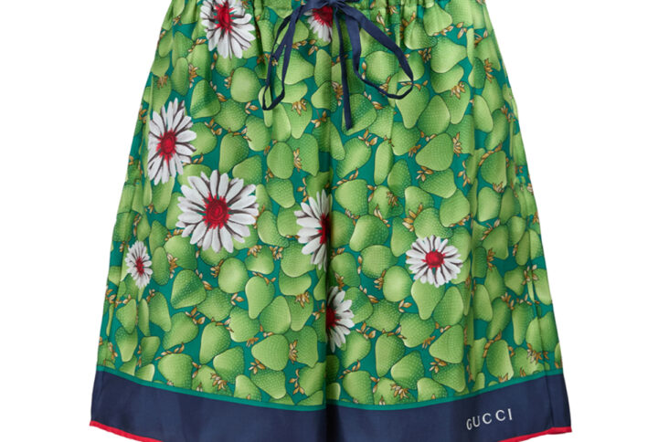 Green Flower Printed Silk Shorts