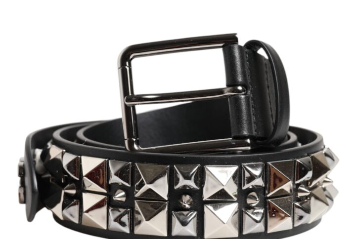 Black Calf Leather Studded Silver Buckle Belt