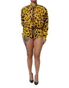 Yellow Leopard Long Sleeves Jumpsuit Dress