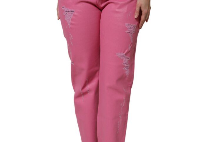 Pink Tattered Mid Waist Tapered Denim Jeans