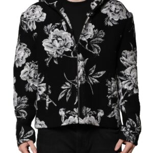 Black Wool Floral Printed Men Hooded Jacket - Jag Couture London