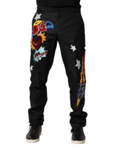 Black Graphic Embroidery Men Pants
