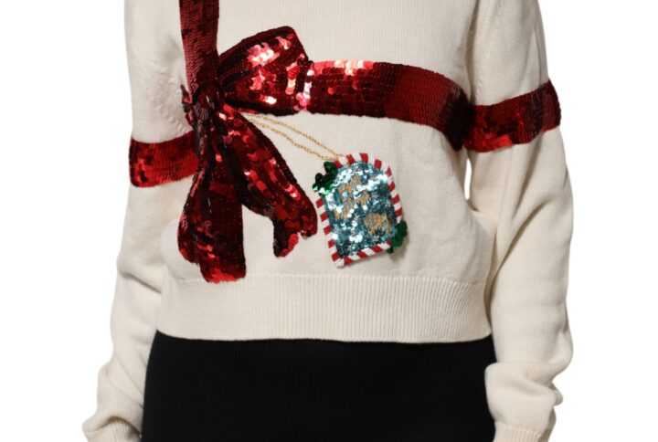 White Sequined Crew Neck Pullover Sweater