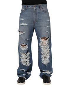 Blue Tattered Cotton Logo Plaque Denim Jeans