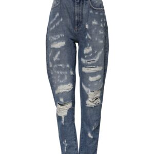 Blue Cotton Tattered High Waist Denim Jeans