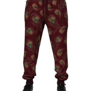 Burgundy Peacock Feather Print Jogger Pants