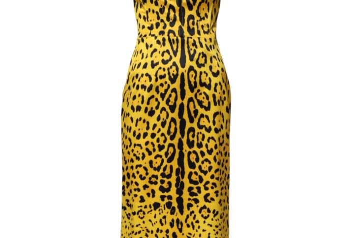 Yellow Polyester Leopard Midi Sheath Dress