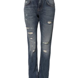 Blue Cotton Boyfriend Tattered Denim Jeans