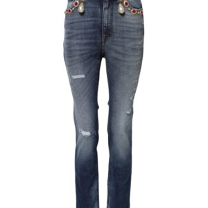 Blue Rhinestone Embellished Denim Jeans