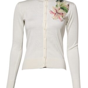 White Silk Lily Embellished Cardigan Sweater