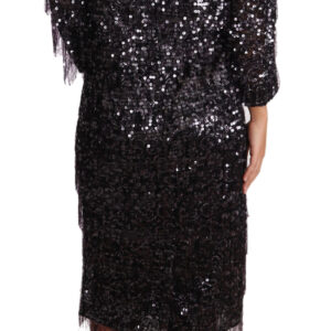 Black Sequined Long Sleeve Shift Midi Dress