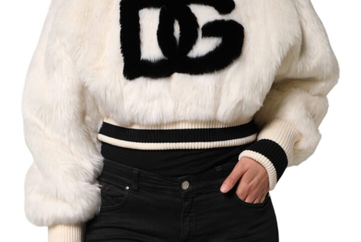 White Cropped Faux Fur DG Sweatshirt Sweater | Jag Couture London – New York