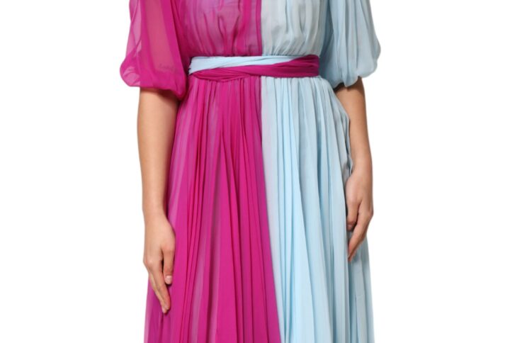 Fuchsia Light Blue Silk Two Tone Midi Dress