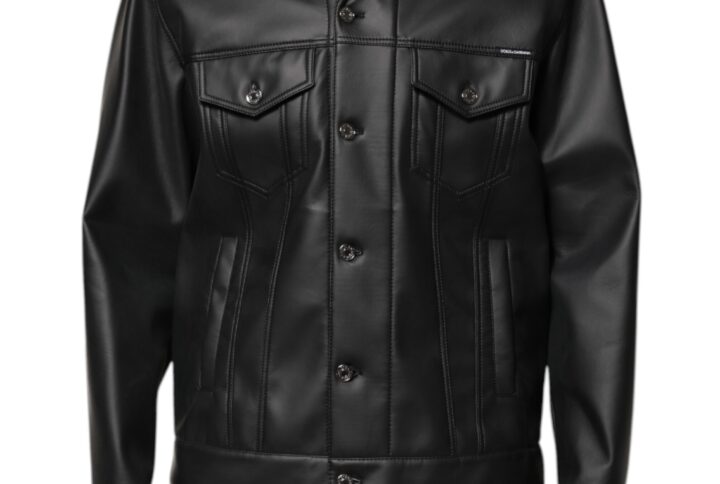 Black Polyester Button Down Biker Jacket | Jag Couture London – New York