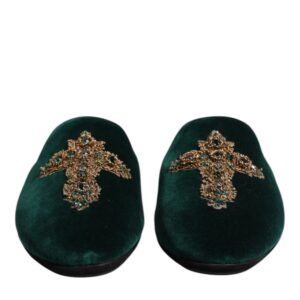 Green Velvet Cross Embellished Slippers Shoes