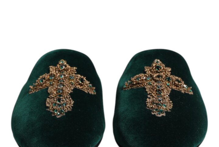 Green Velvet Cross Embellished Slippers Shoes