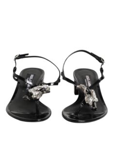 Black Leather Crystal Ankle Strap Sandals Shoes