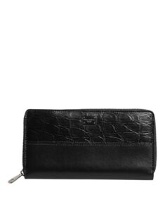 Black Leather Logo Plaque Zip Around Continental Wallet
