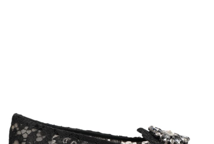 Black Taormina Lace Crystals Flats Shoes | Jag Couture London – New York