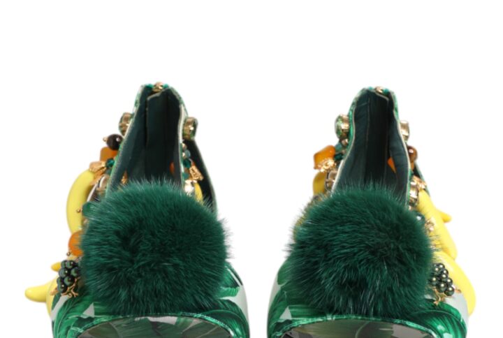 Green Mink Fur Satin Banana Leaf Sandals Shoes | Jag Couture London – New York