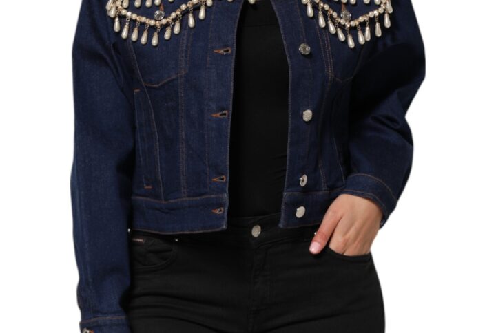 Blue Cotton Denim Crystal Embellished Jacket