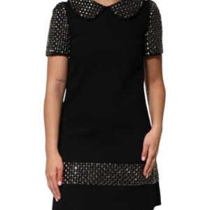 Black Crystal Embellished Collared Mini Dress