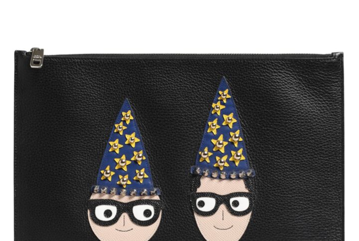Black Leather #DGFAMILY Embellished Men Clutch Pouch Bag