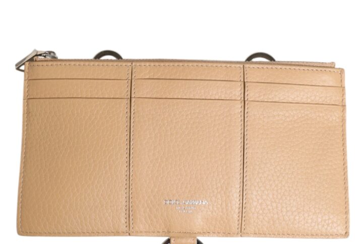 Beige Calfskin Leather Large Crossbody Card Holder Wallet