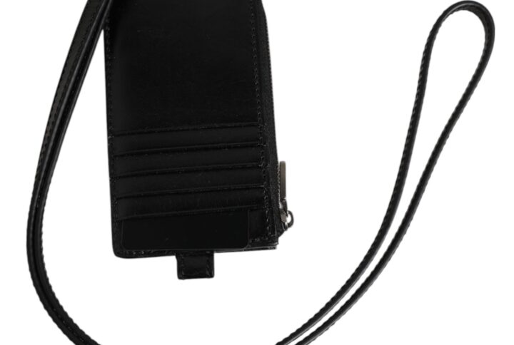 Black Leather Logo Embossed Lanyard Card Holder Wallet