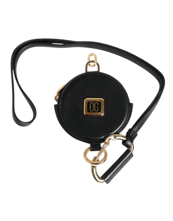 Black Round Leather DG Logo Coin Purse Lanyard Wallet