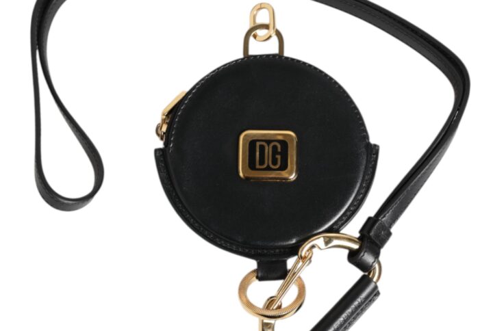 Black Round Leather DG Logo Coin Purse Lanyard Wallet