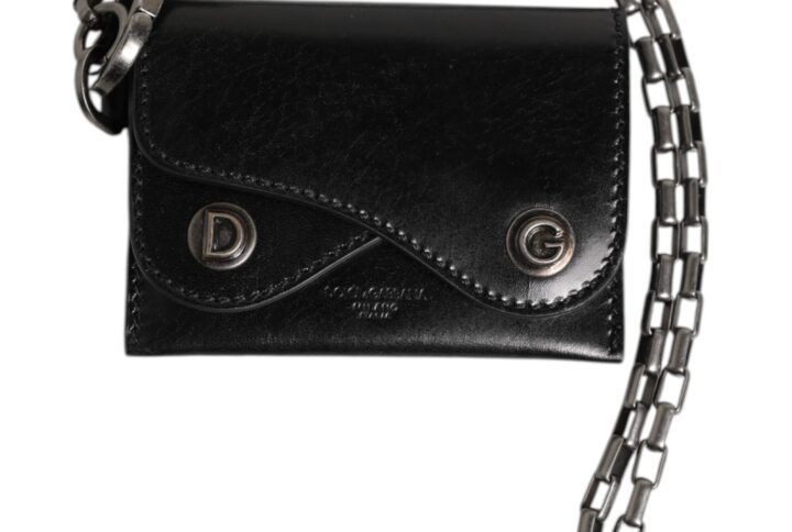 Black Cavallo Leather Wallet Chain Snap Bifold Card Holder