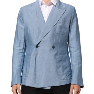Light Blue Linen Double Breasted Men Jacket Blazer
