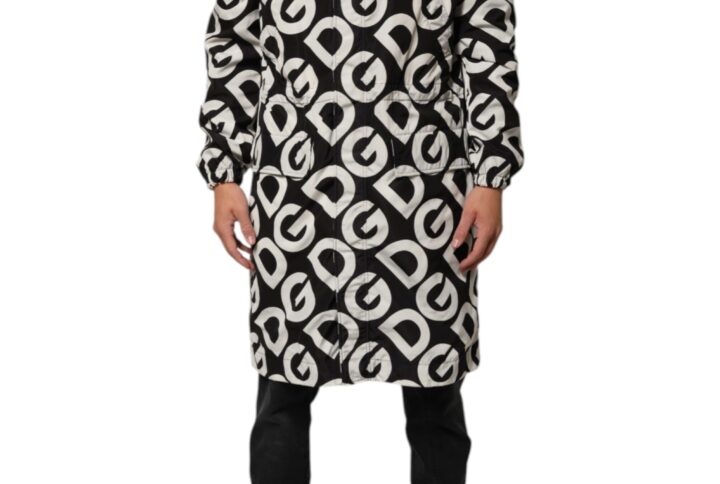 Black White Logo Print Hooded Coat Men Jacket