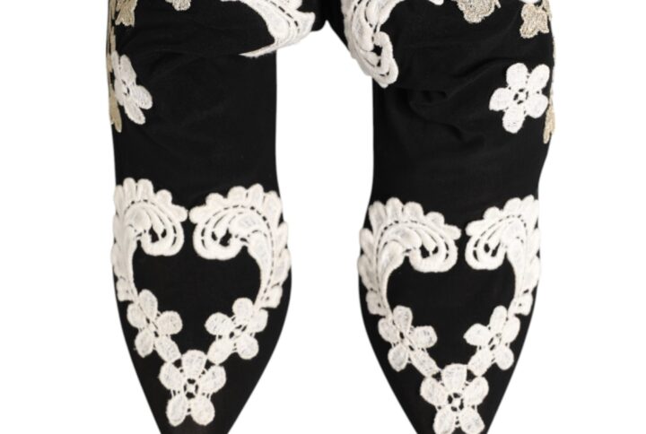 Black White Embroidered Jersey Stiletto Boots Shoes