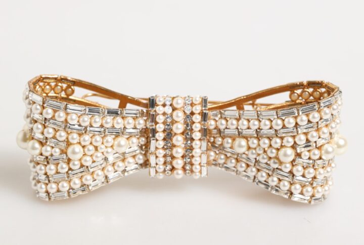 Gold Brass Glas Crystal Faux Pearl Embellished Brooch | Jag Couture London – New York