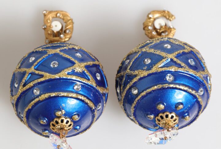 Gold Brass Blue Christmas Ball Crystal Drop Clip On Earrings | Jag Couture London – New York
