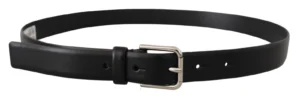 Black Calf Leather Silver Tone Logo Buckle Belt